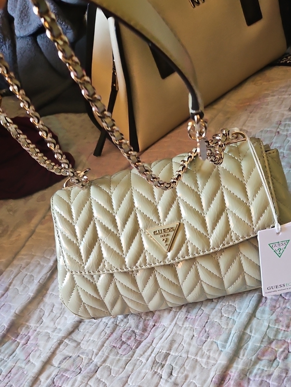 GUESS Quilted Sage Crossbody Bag with Gold Chain